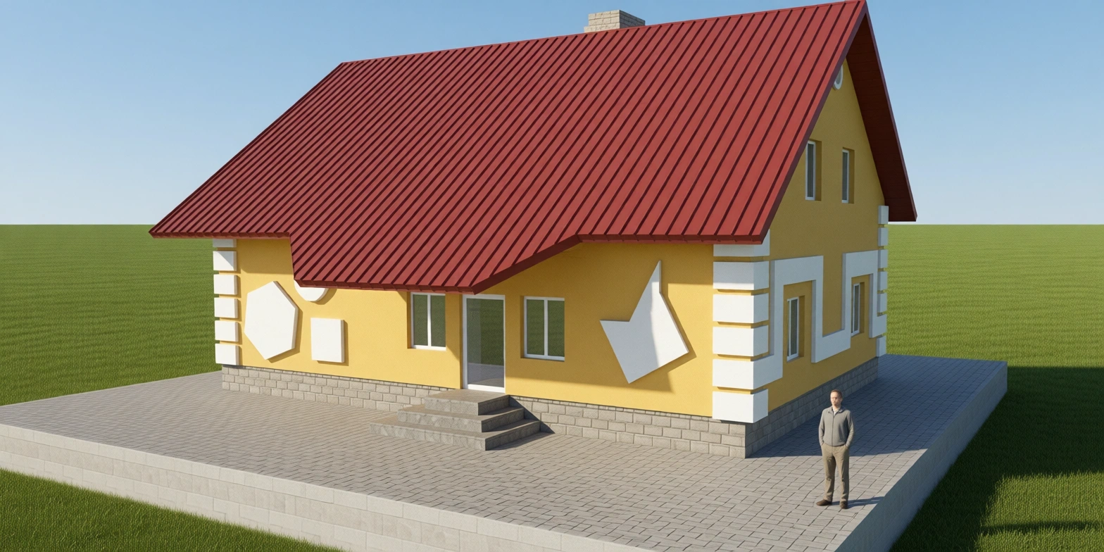 Materiálová vizualizace téhož domu s krytinou, omítkou a dlažbou